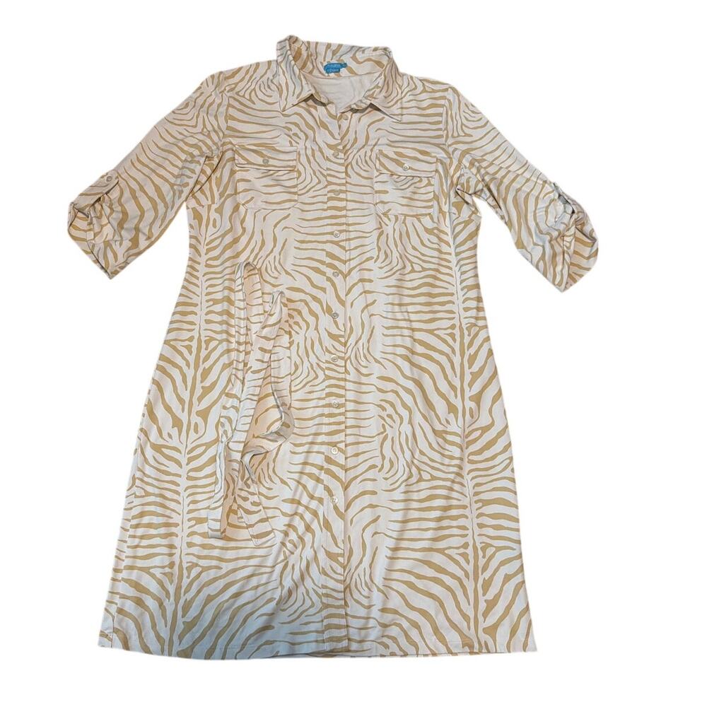 J McLaughlin Animal Print Button Up Shirt Dress With Tie Beige White Size XL